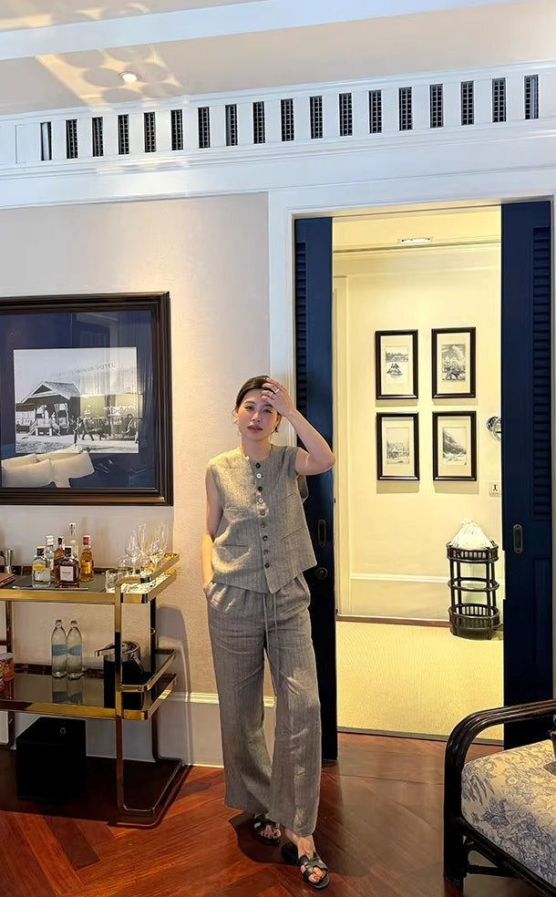 Linen Tencel Vest and Wide Leg Pants_BDHL8211