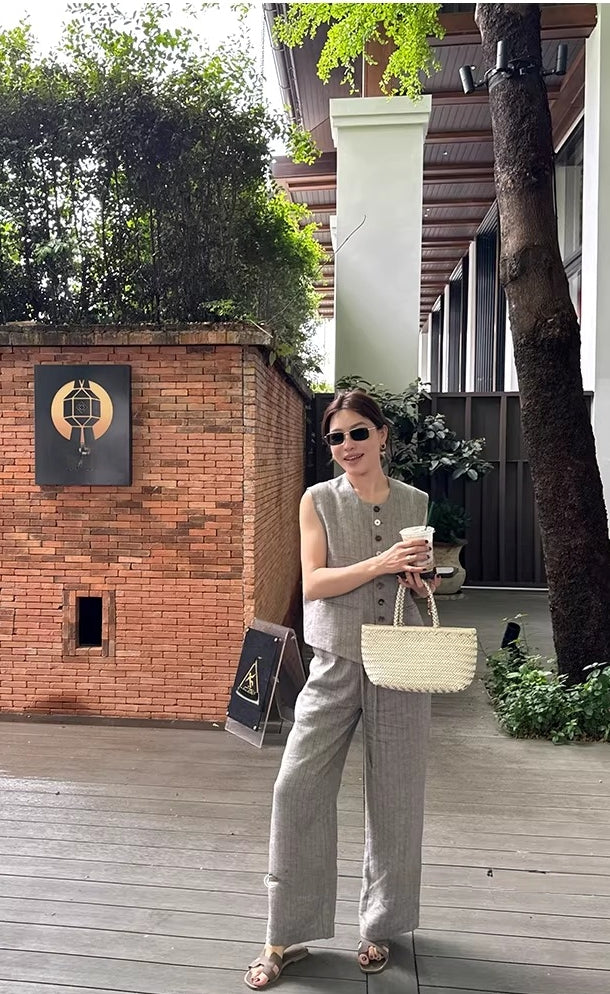 Linen Tencel Vest and Wide Leg Pants_BDHL8211