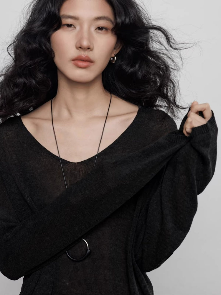 Spring V-neck Tencel Linen Relaxed Knit Sweater_BDHL8206