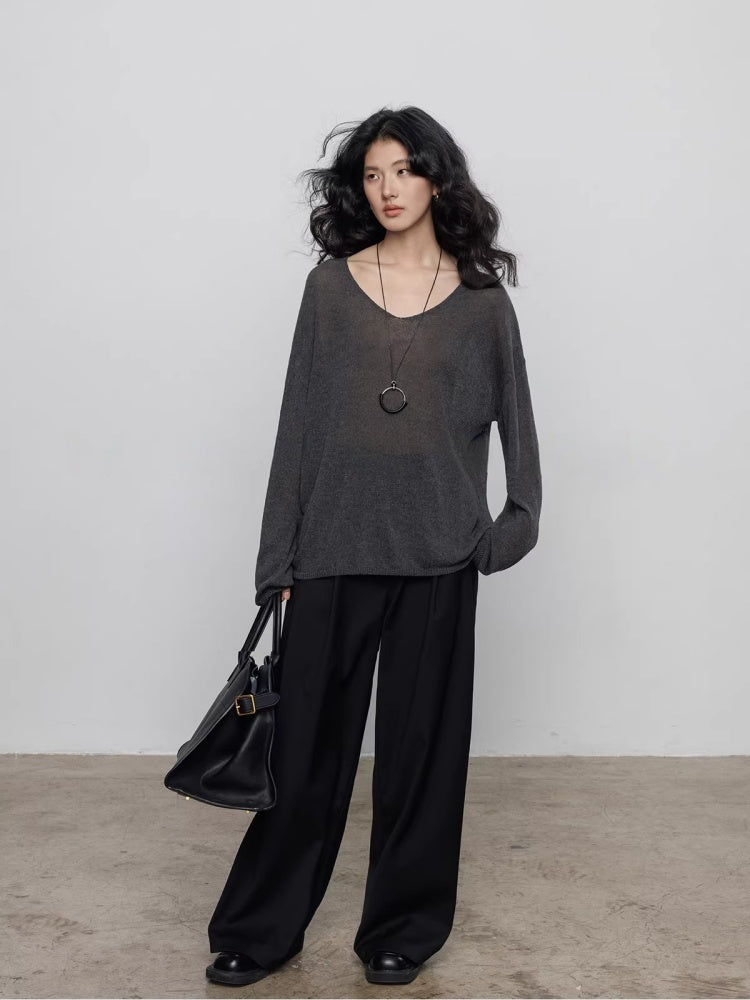 Spring V-neck Tencel Linen Relaxed Knit Sweater_BDHL8206