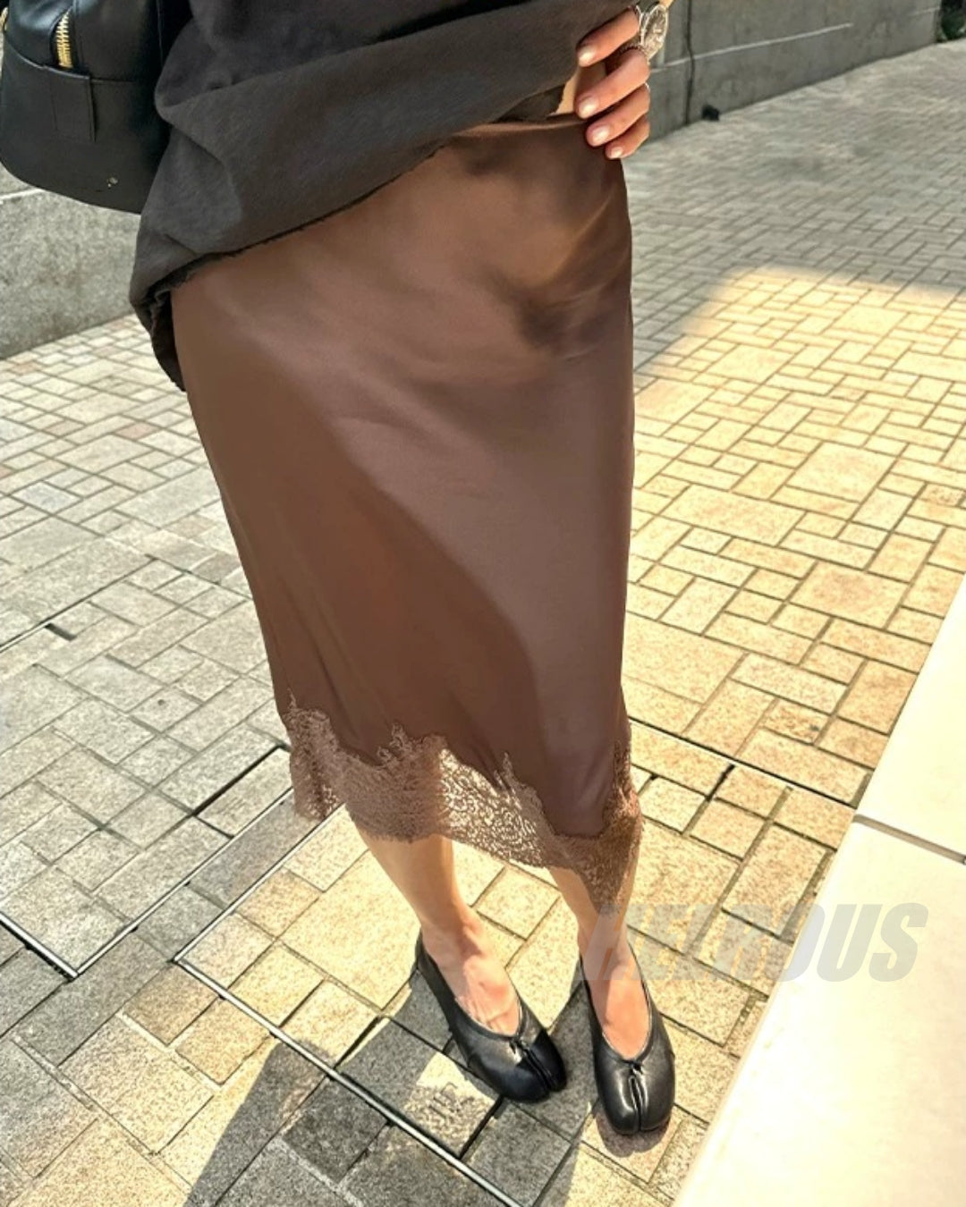 Acetate Satin Lace-Hem Midi Skirt_BDHL8330