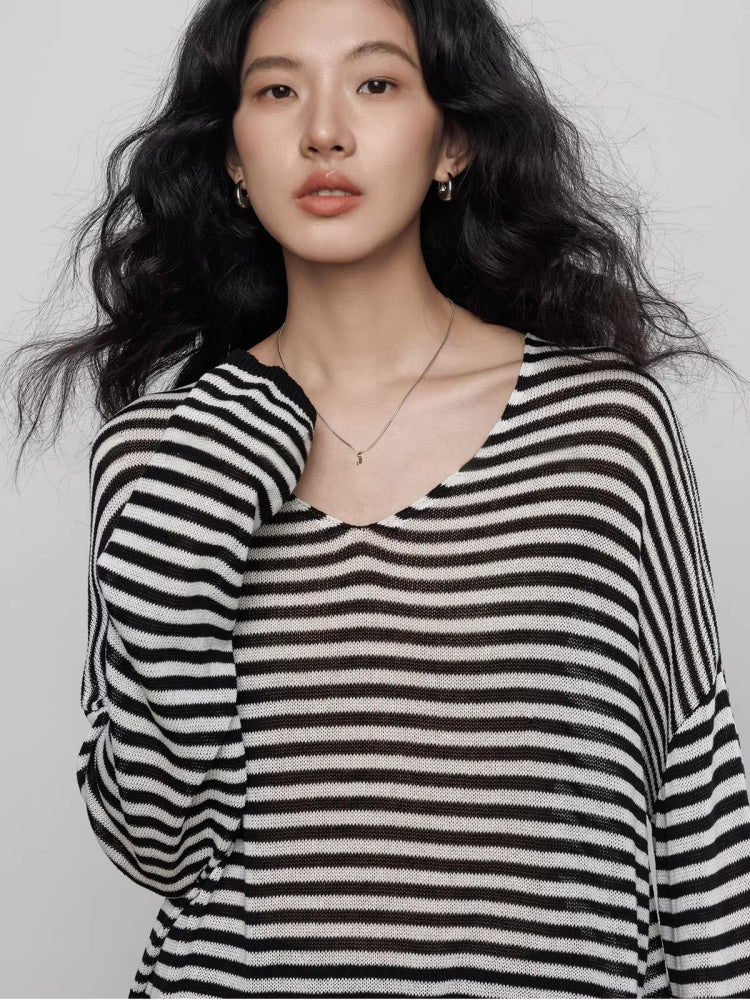 Spring V-neck Tencel Linen Relaxed Knit Sweater_BDHL8206