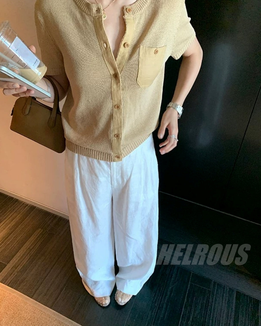 Linen-Trim Short-Sleeve Knit Cardigan_BDHL8332