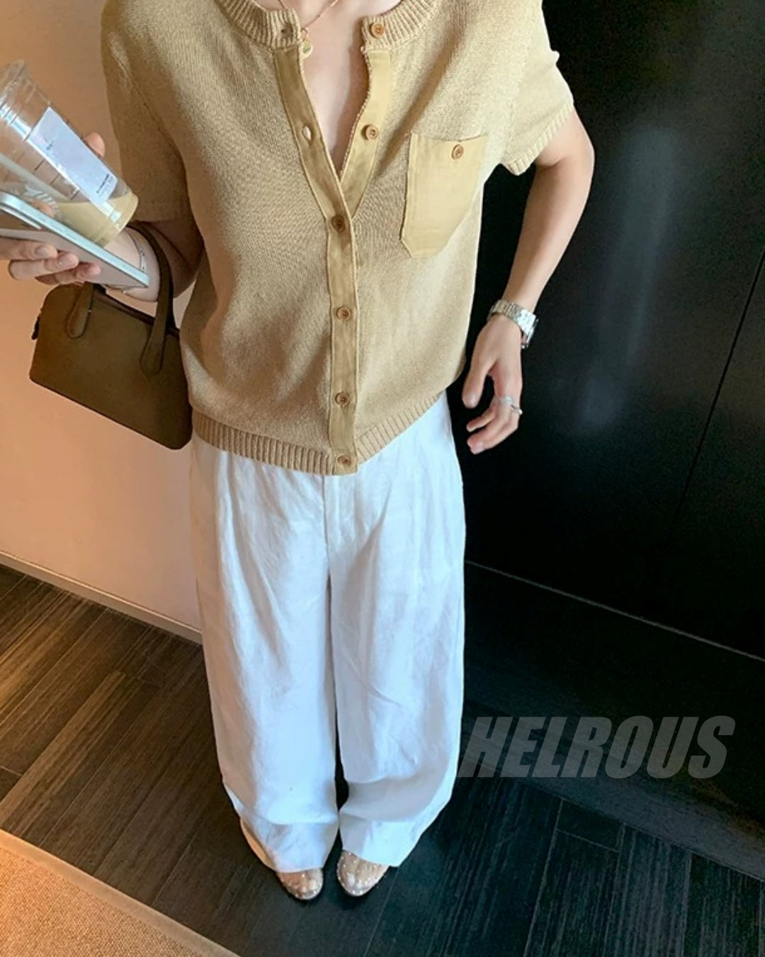 Linen-Trim Short-Sleeve Knit Cardigan_BDHL8332