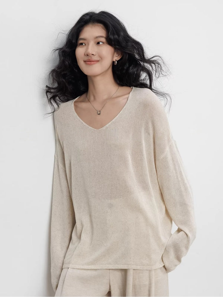 Spring V-neck Tencel Linen Relaxed Knit Sweater_BDHL8206