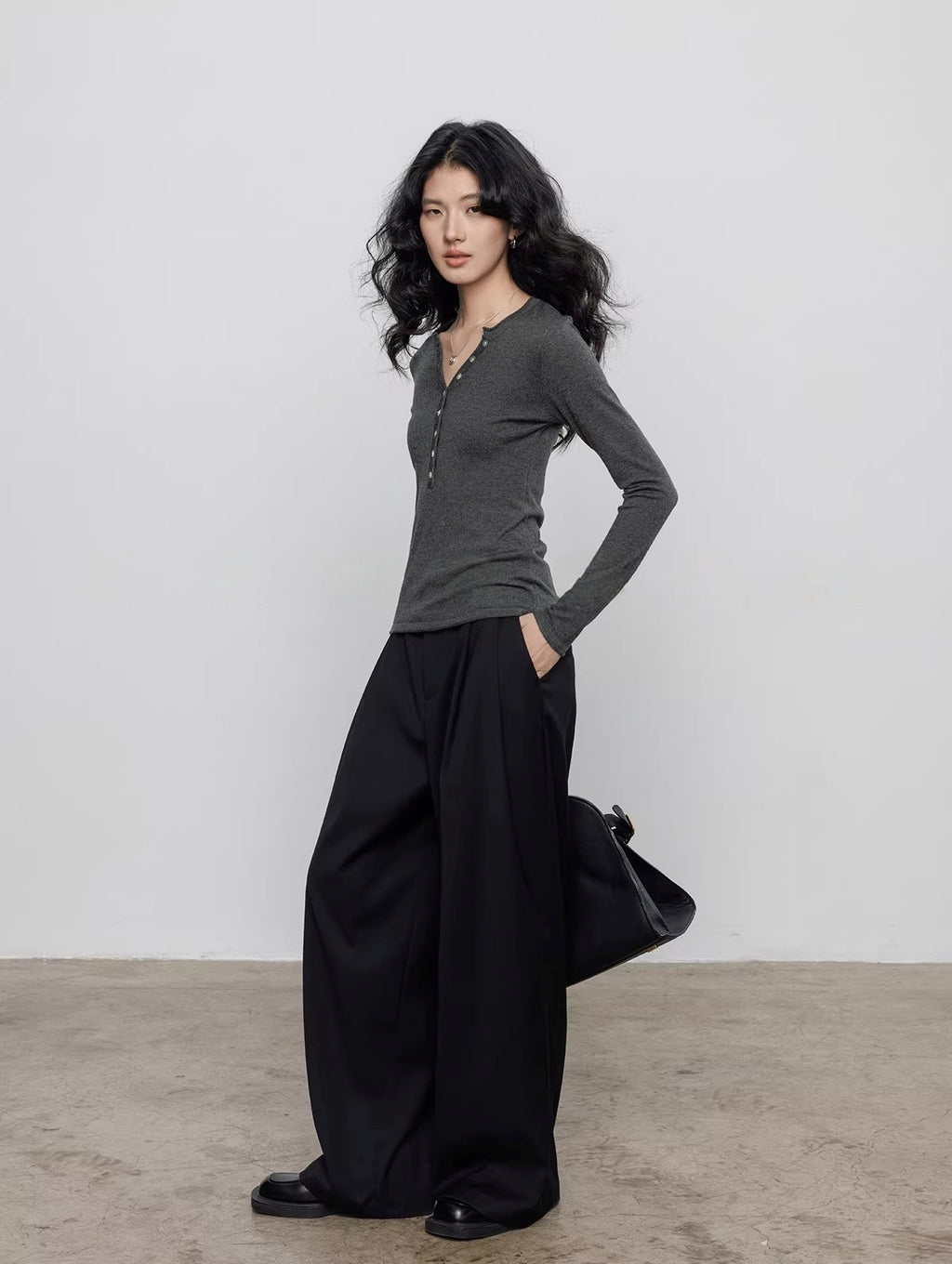 Spring Henley Neck Long Sleeve Knitted Top_BDHL8205