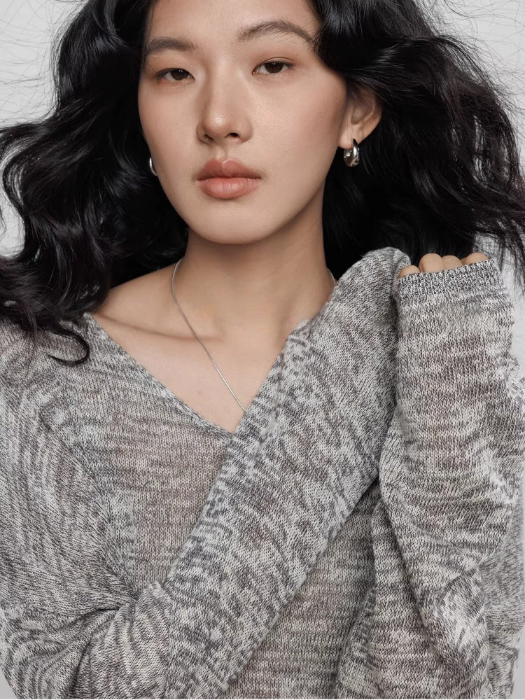 Spring V-neck Tencel Linen Relaxed Knit Sweater_BDHL8206