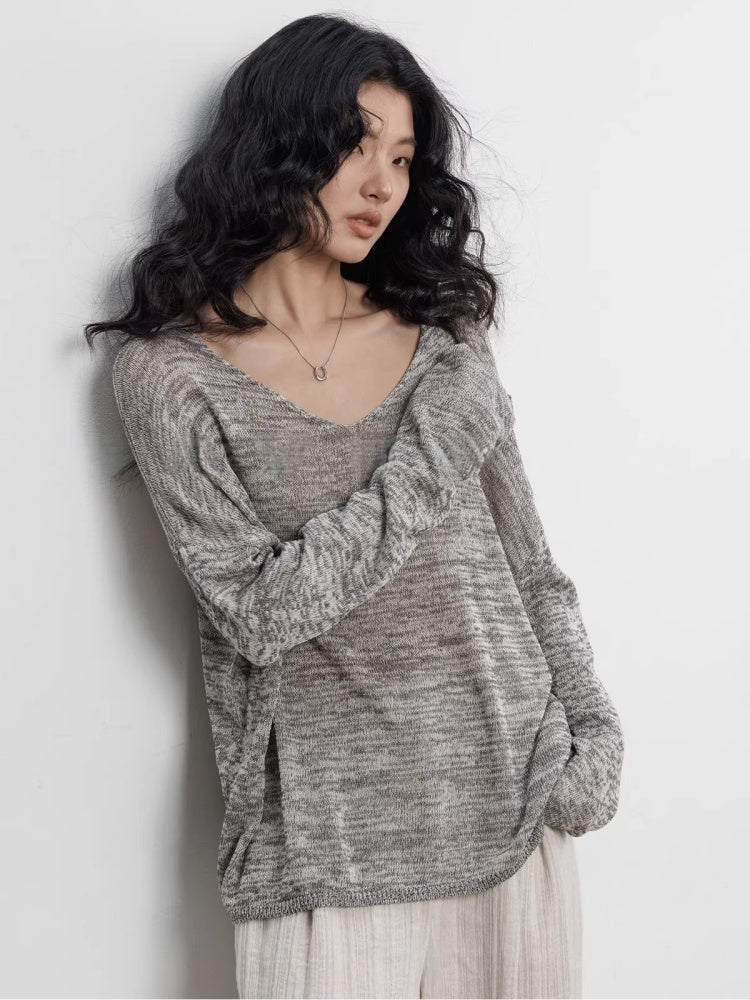 Spring V-neck Tencel Linen Relaxed Knit Sweater_BDHL8206