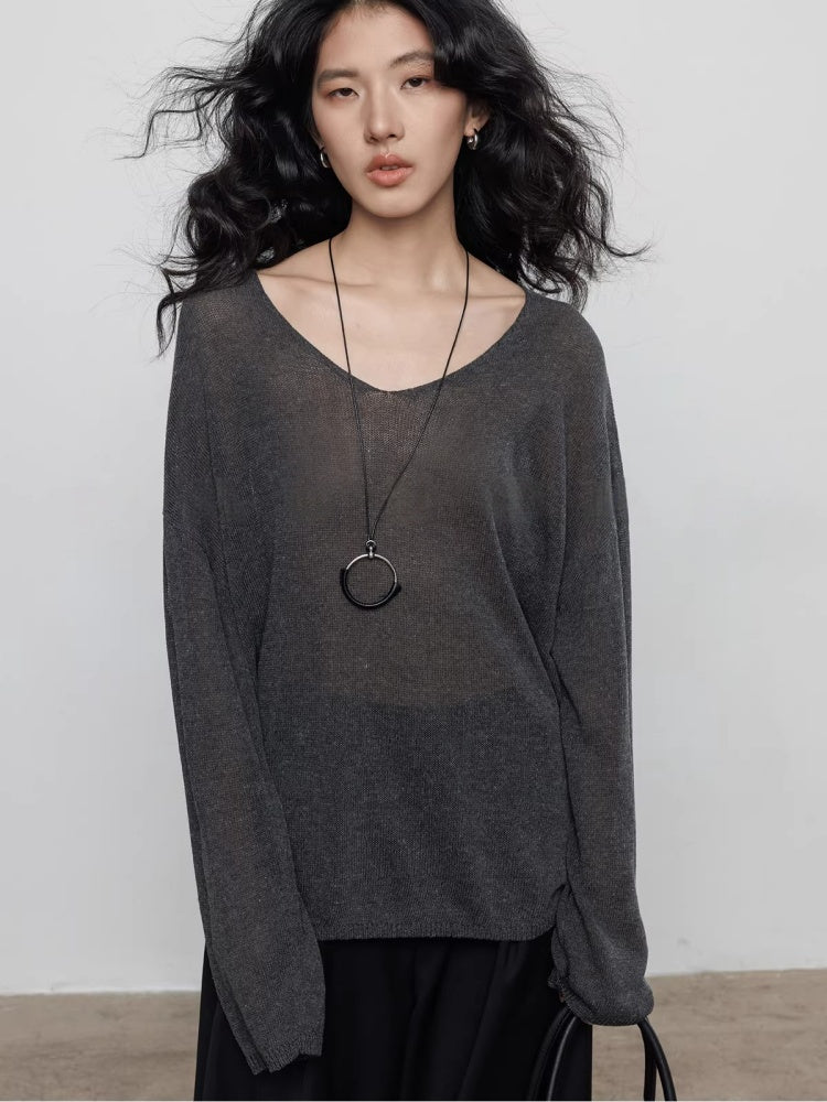 Spring V-neck Tencel Linen Relaxed Knit Sweater_BDHL8206