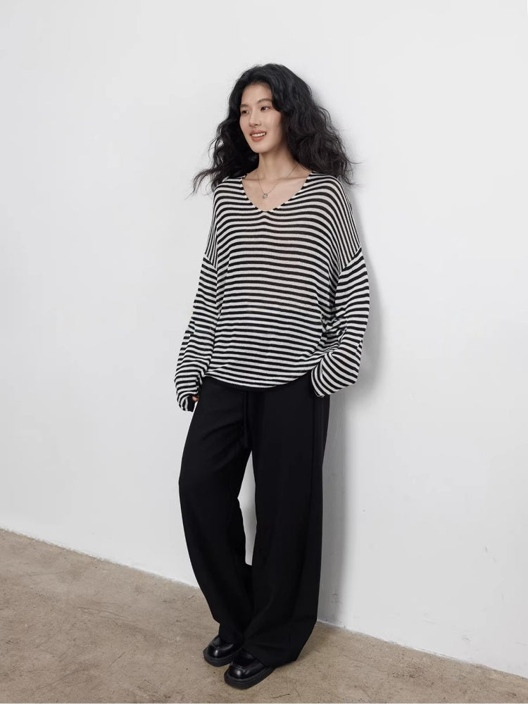 Spring V-neck Tencel Linen Relaxed Knit Sweater_BDHL8206