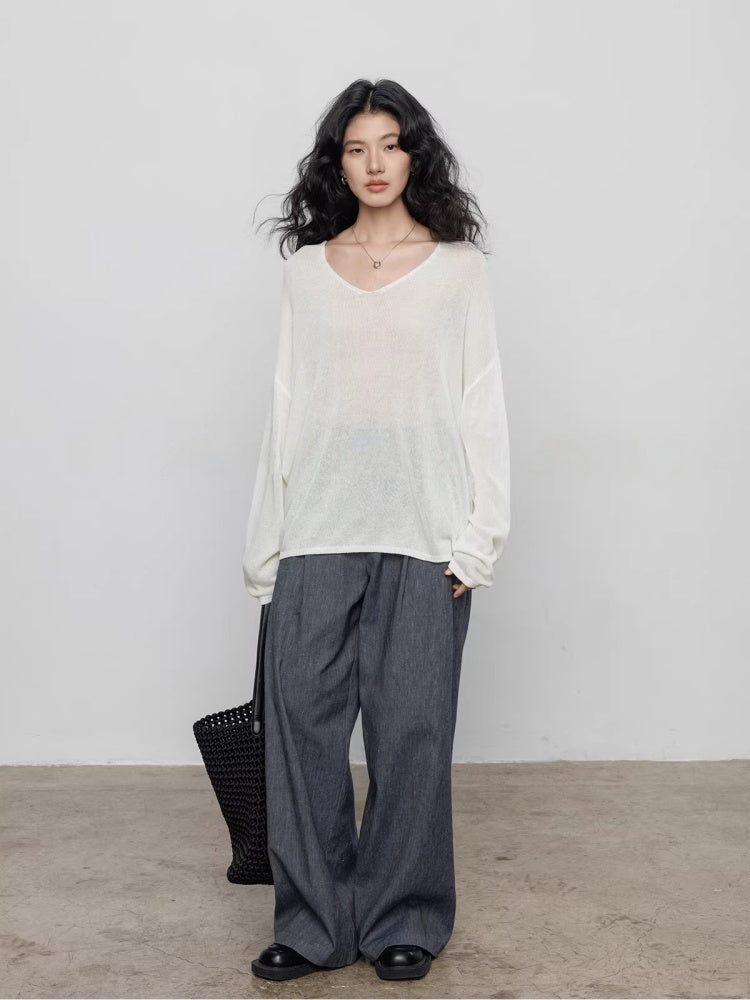 Spring V-neck Tencel Linen Relaxed Knit Sweater_BDHL8206