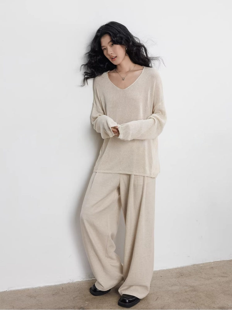 Spring V-neck Tencel Linen Relaxed Knit Sweater_BDHL8206