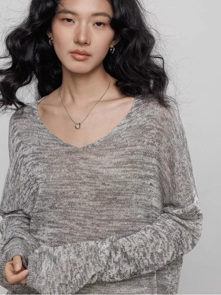 Spring V-neck Tencel Linen Relaxed Knit Sweater_BDHL8206