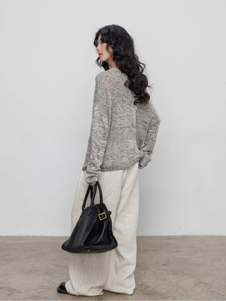 Spring V-neck Tencel Linen Relaxed Knit Sweater_BDHL8206