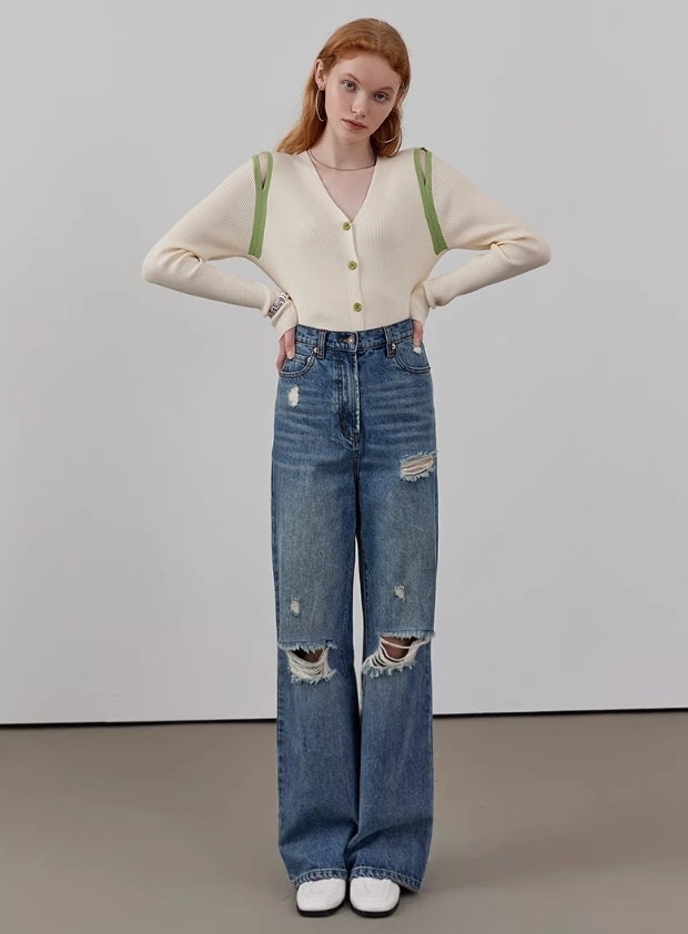 Shoulder Cut-Out V-Neck Cardigan_BDHL7143