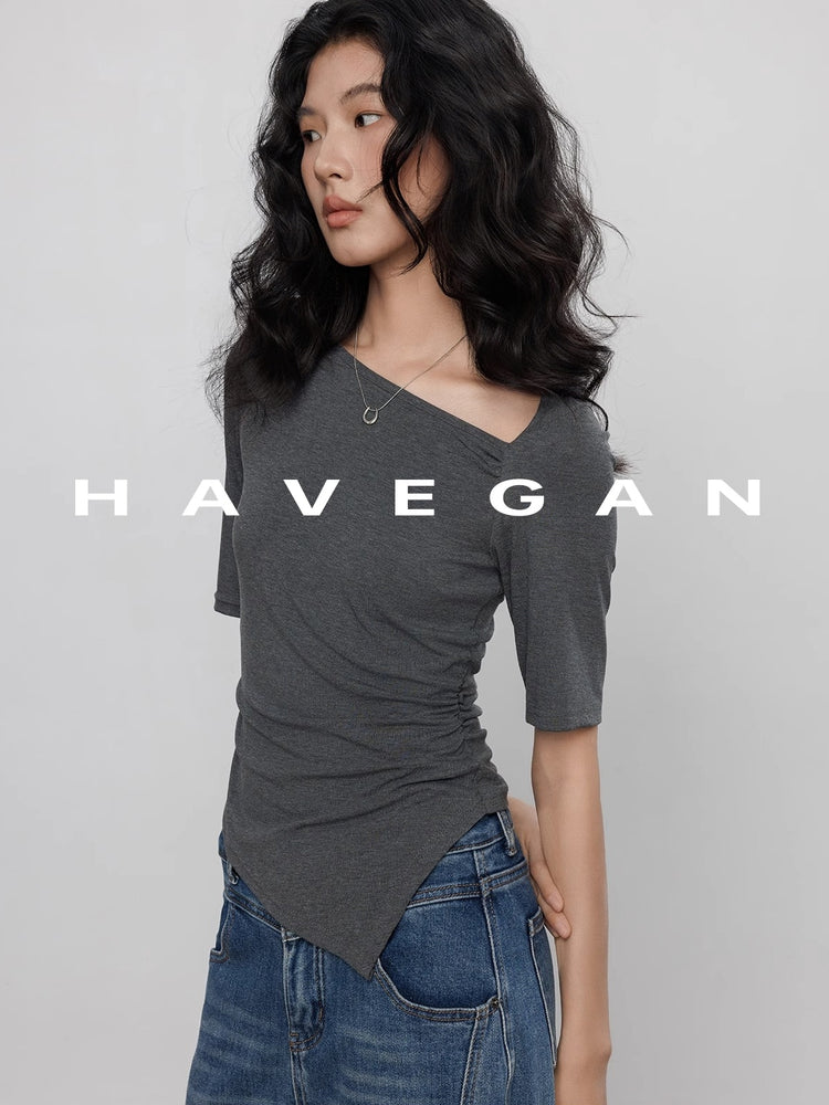 Diagonal Collar Knitted T-Shirt_BDHL7365