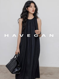 Black A-Line Skirt Sleeveless Dress_BDHL7360