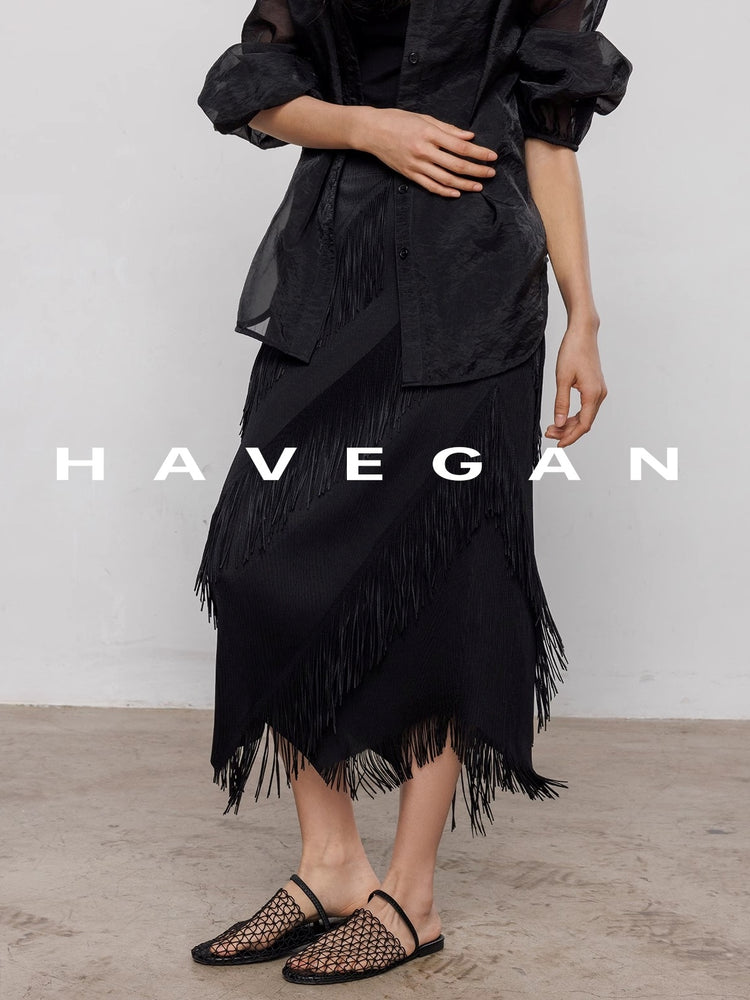Fringed Irregular Black Skirt_BDHL7351