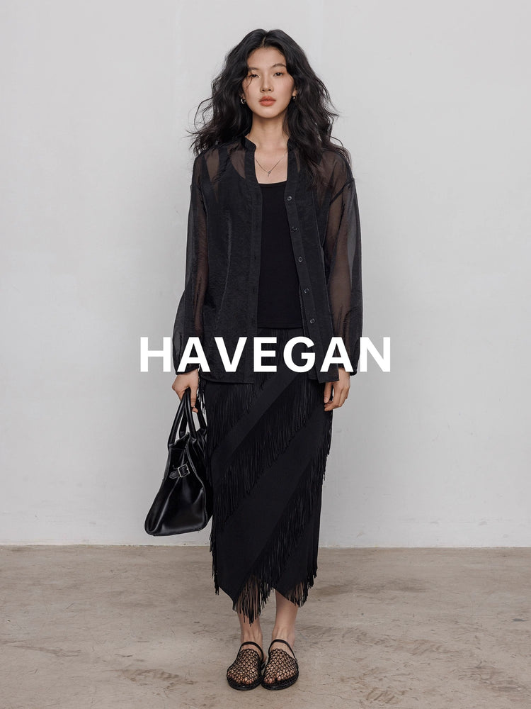 Fringed Irregular Black Skirt_BDHL7351