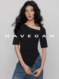 Diagonal Collar Knitted T-Shirt_BDHL7365