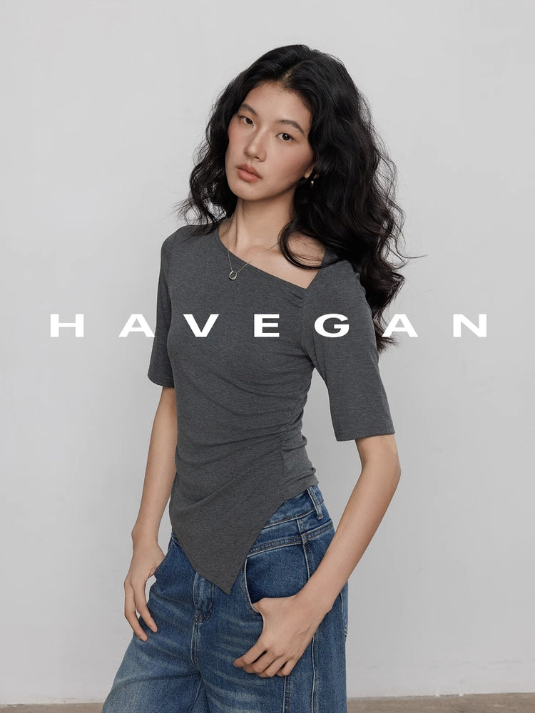 Diagonal Collar Knitted T-Shirt_BDHL7365