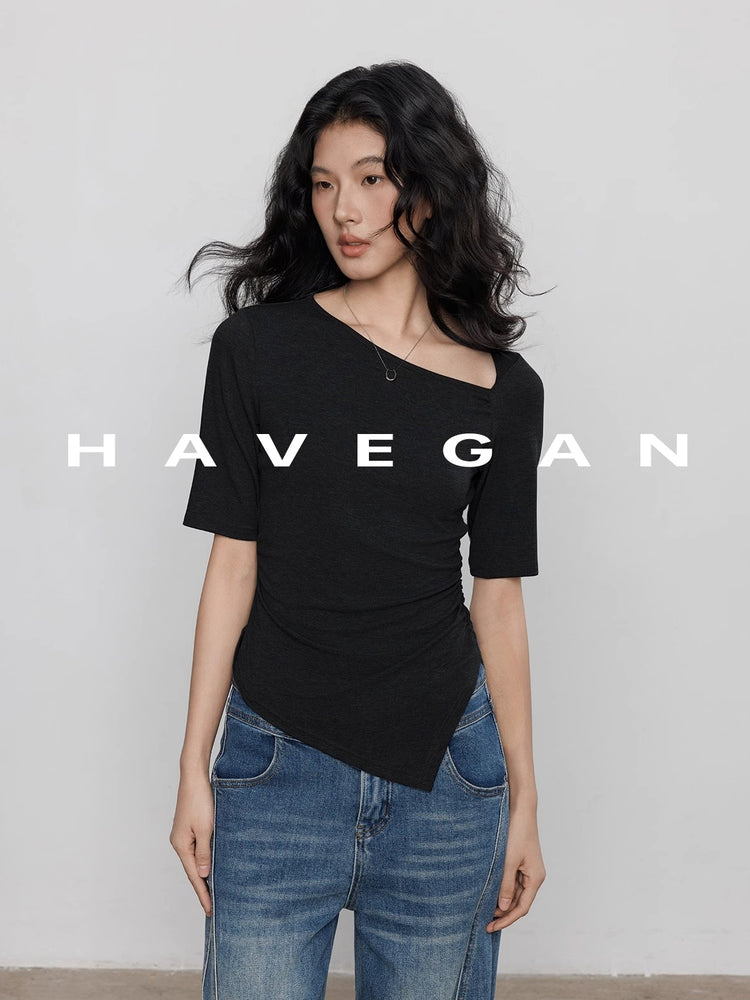 Diagonal Collar Knitted T-Shirt_BDHL7365