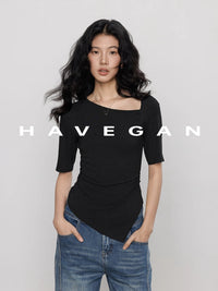 Diagonal Collar Knitted T-Shirt_BDHL7365