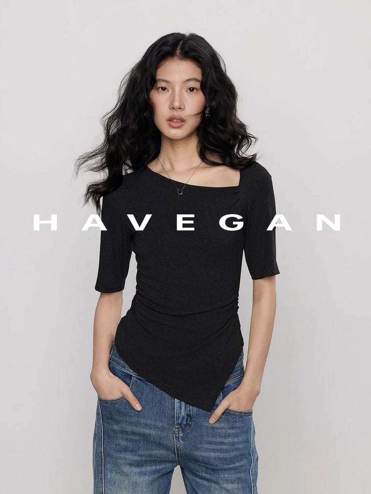 Diagonal Collar Knitted T-Shirt_BDHL7365