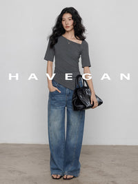 Diagonal Collar Knitted T-Shirt_BDHL7365