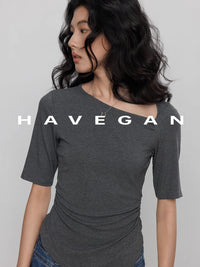 Diagonal Collar Knitted T-Shirt_BDHL7365