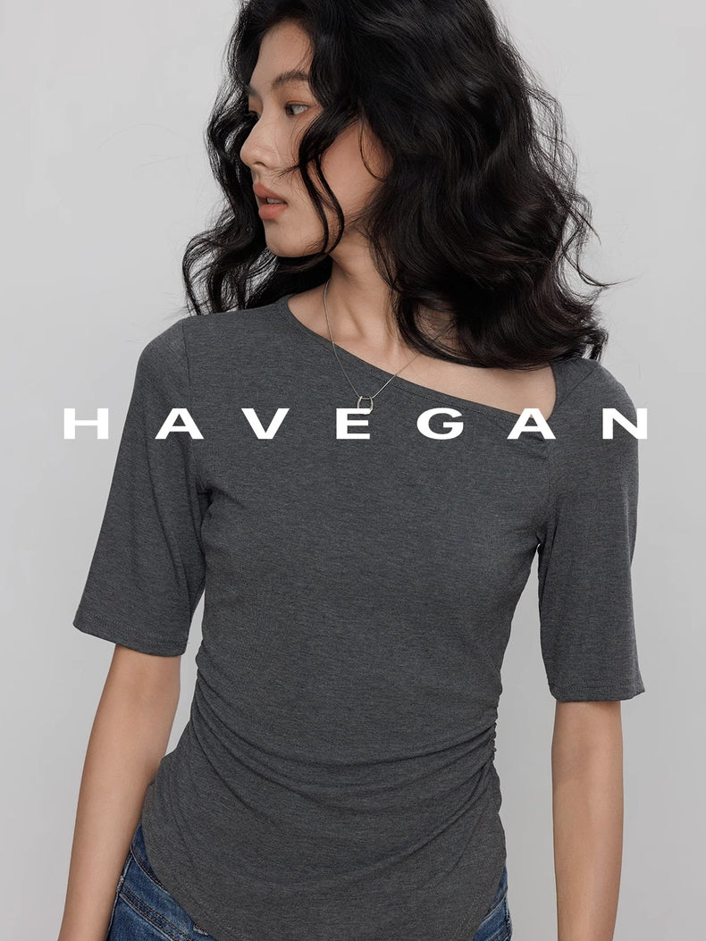 Diagonal Collar Knitted T-Shirt_BDHL7365