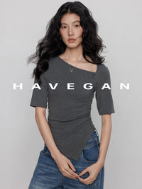 Diagonal Collar Knitted T-Shirt_BDHL7365