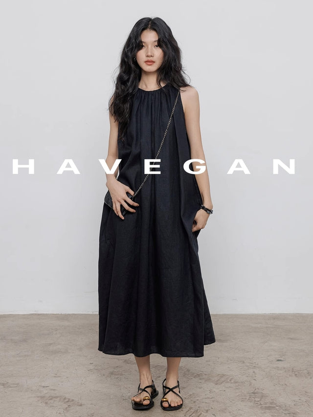 Black A-Line Skirt Sleeveless Dress_BDHL7360