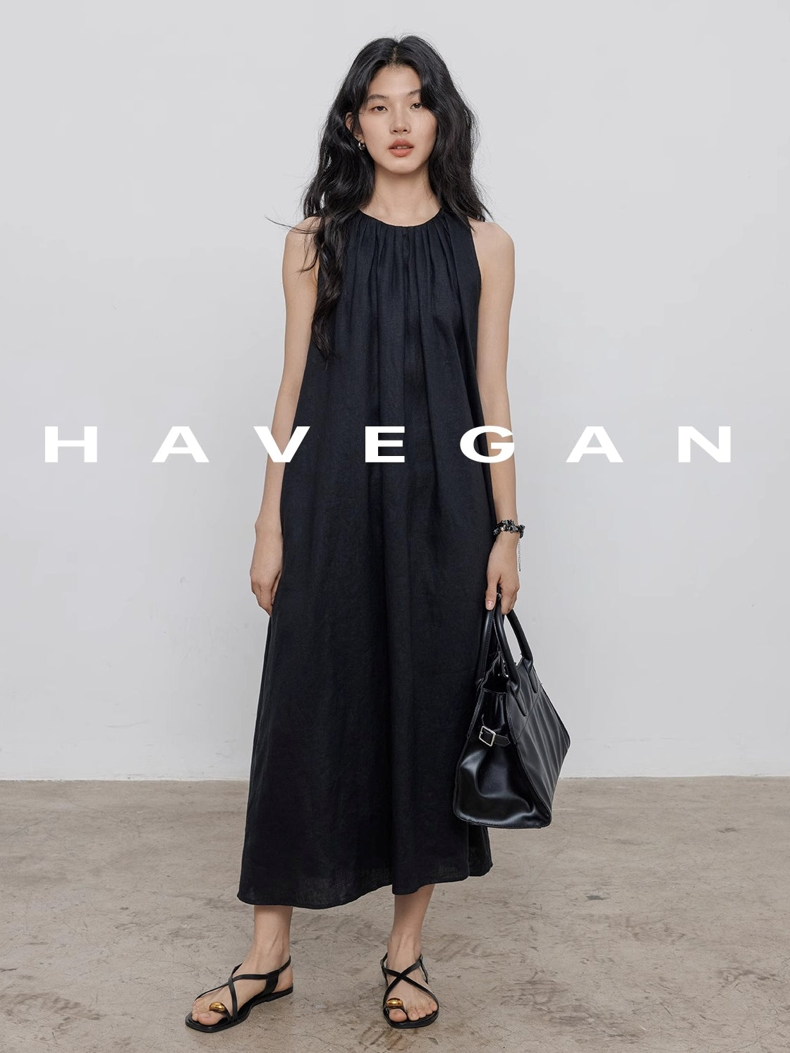 Black A-Line Skirt Sleeveless Dress_BDHL7360