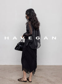 Fringed Irregular Black Skirt_BDHL7351