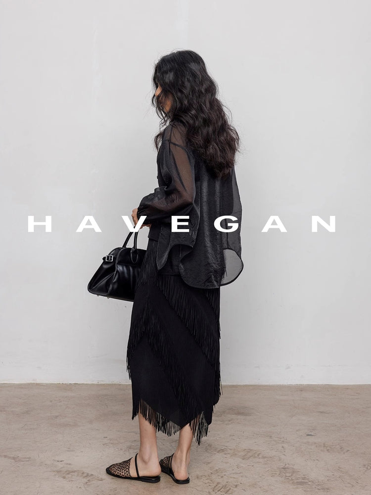 Fringed Irregular Black Skirt_BDHL7351