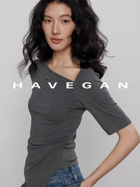 Diagonal Collar Knitted T-Shirt_BDHL7365