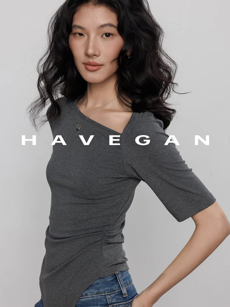 Diagonal Collar Knitted T-Shirt_BDHL7365