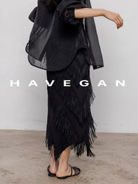 Fringed Irregular Black Skirt_BDHL7351