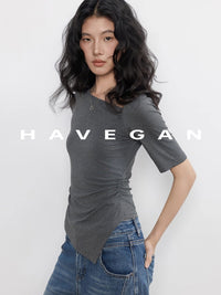 Diagonal Collar Knitted T-Shirt_BDHL7365