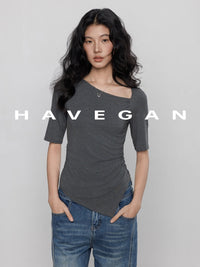 Diagonal Collar Knitted T-Shirt_BDHL7365