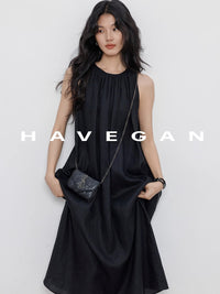 Black A-Line Skirt Sleeveless Dress_BDHL7360