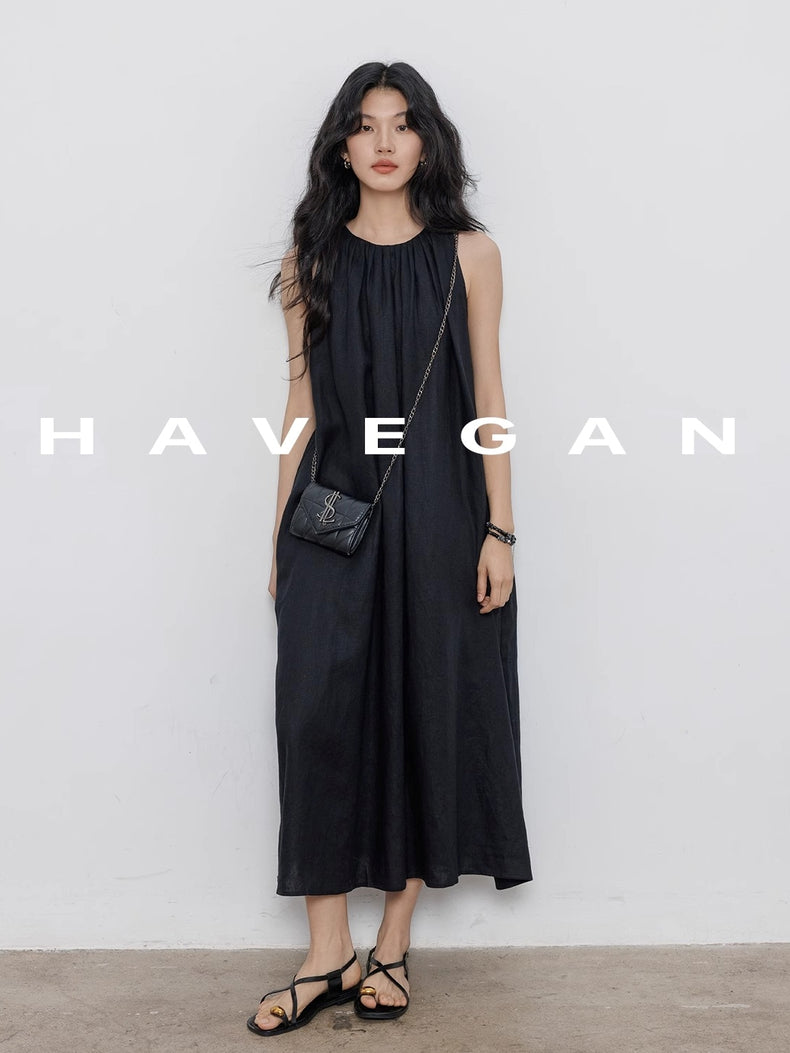 Black A-Line Skirt Sleeveless Dress_BDHL7360