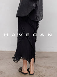 Fringed Irregular Black Skirt_BDHL7351