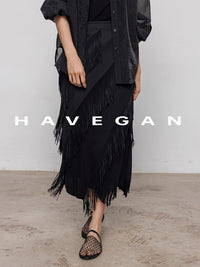 Fringed Irregular Black Skirt_BDHL7351