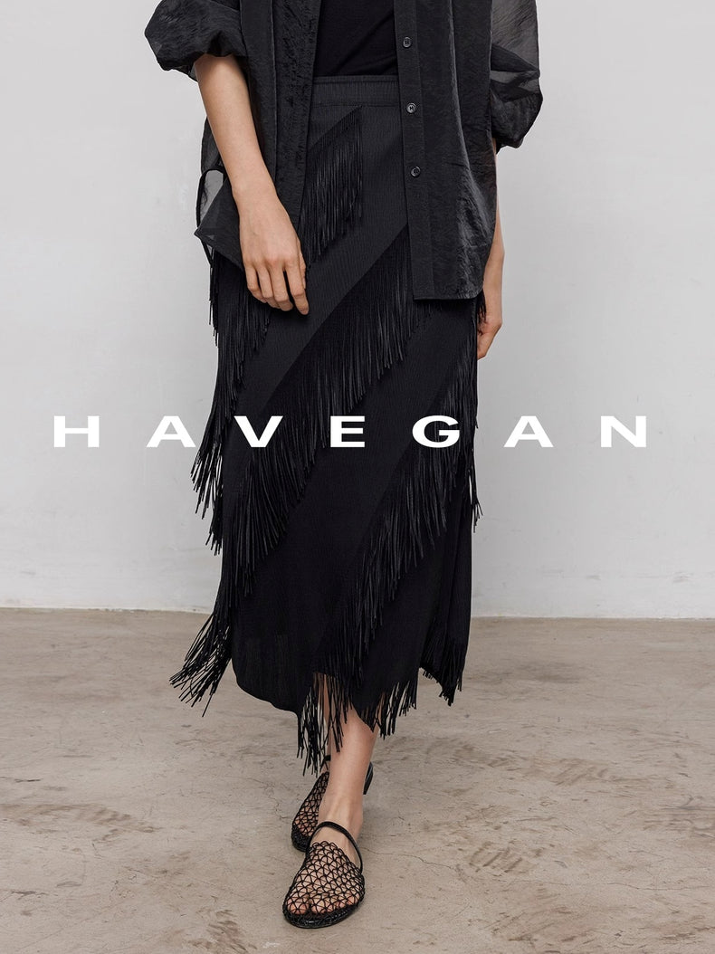 Fringed Irregular Black Skirt_BDHL7351