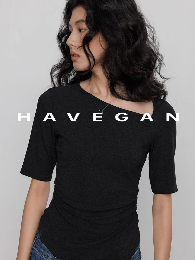 Diagonal Collar Knitted T-Shirt_BDHL7365