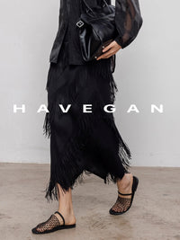Fringed Irregular Black Skirt_BDHL7351