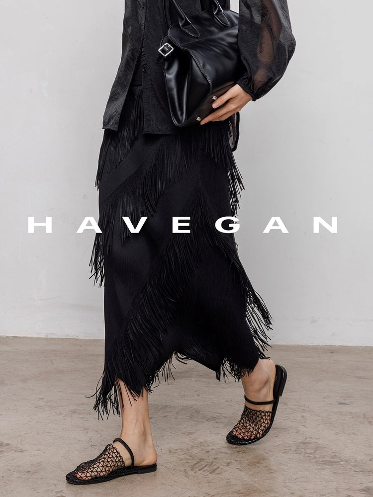 Fringed Irregular Black Skirt_BDHL7351