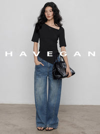 Diagonal Collar Knitted T-Shirt_BDHL7365